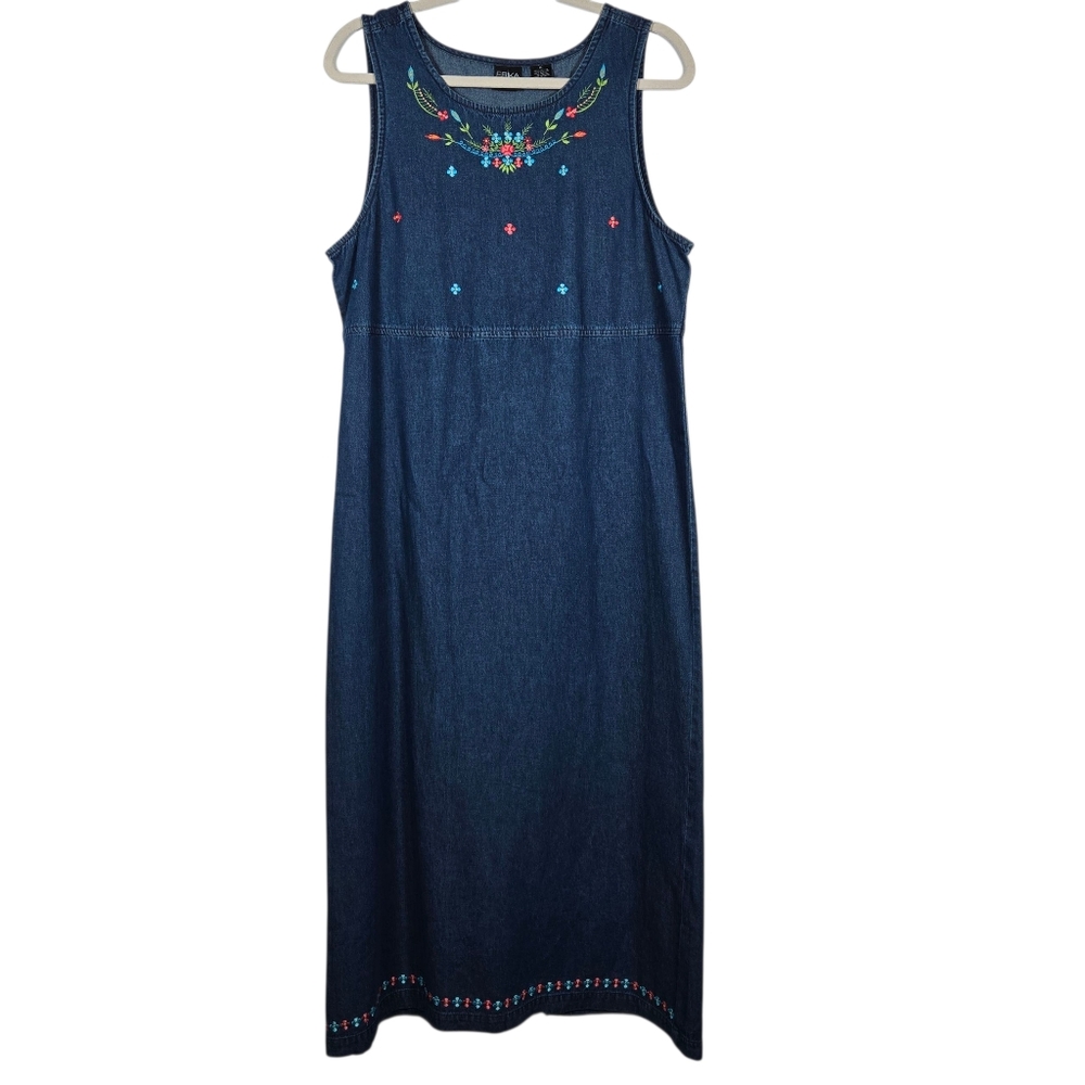 Erika Floral Embroidered Sleeveless Blue Cotton Denim Maxi Dress Size Medium